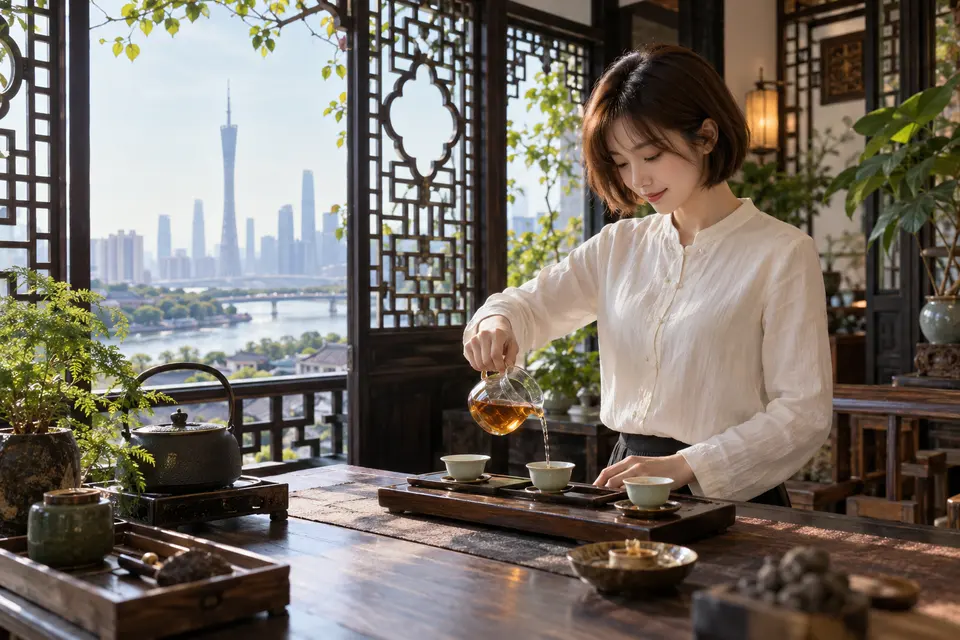 岭南花窗前的冲泡空间，公道杯正在分茶
