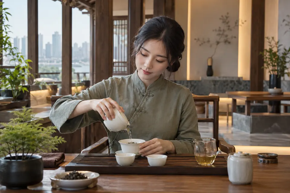 新中式盖碗冲泡场景，茶席上摆放盖碗与品杯