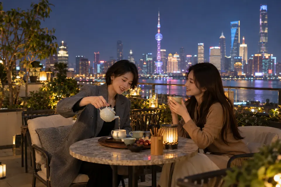 屋顶露台的夜间茶席，几位朋友围坐倒茶交流