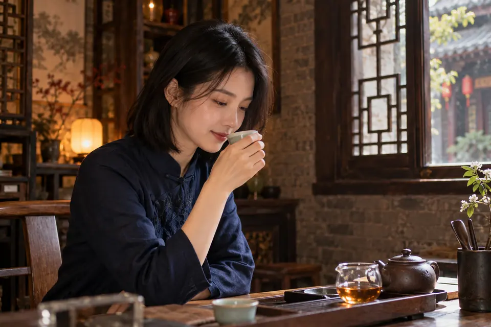 深色木作室内，一位女性端起陶杯闻香