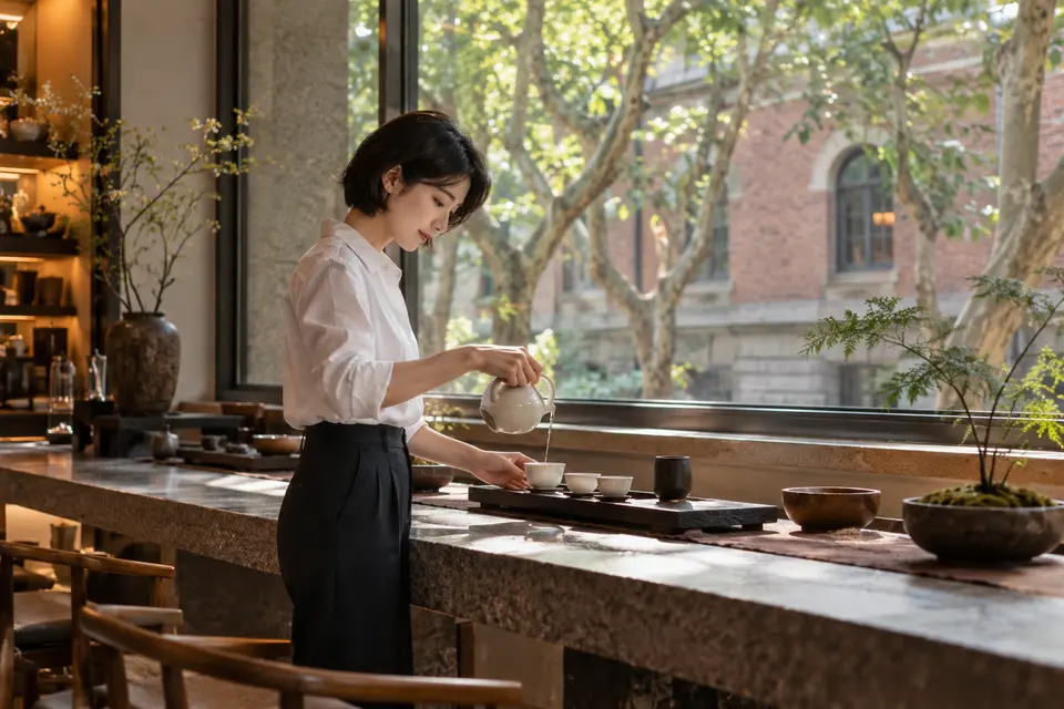 都市梧桐街区风格的茶室内，一位年轻女性在白瓷茶具前倒茶