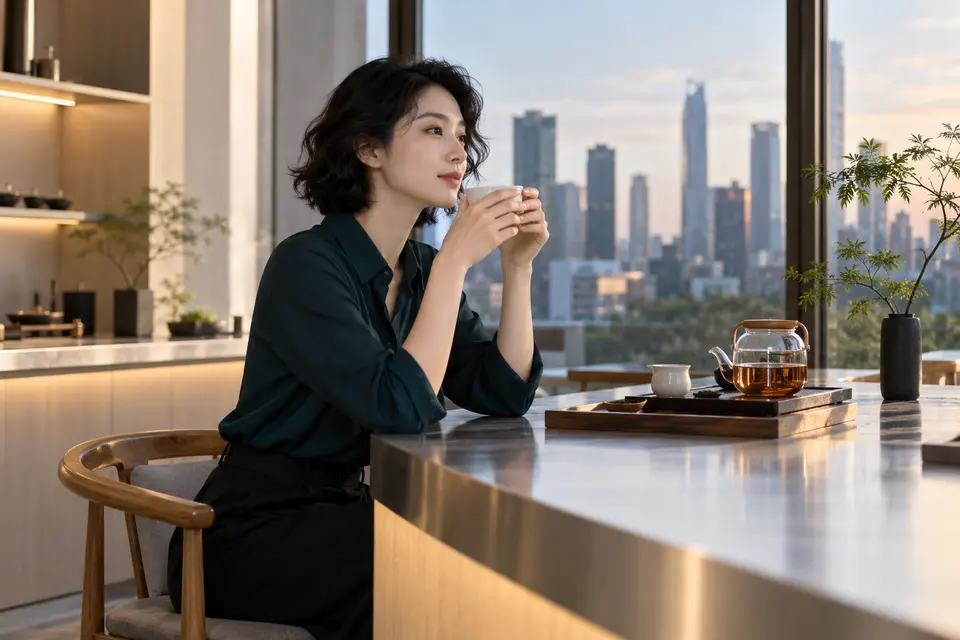现代设计风格的茶吧内，白瓷茶具整齐摆放